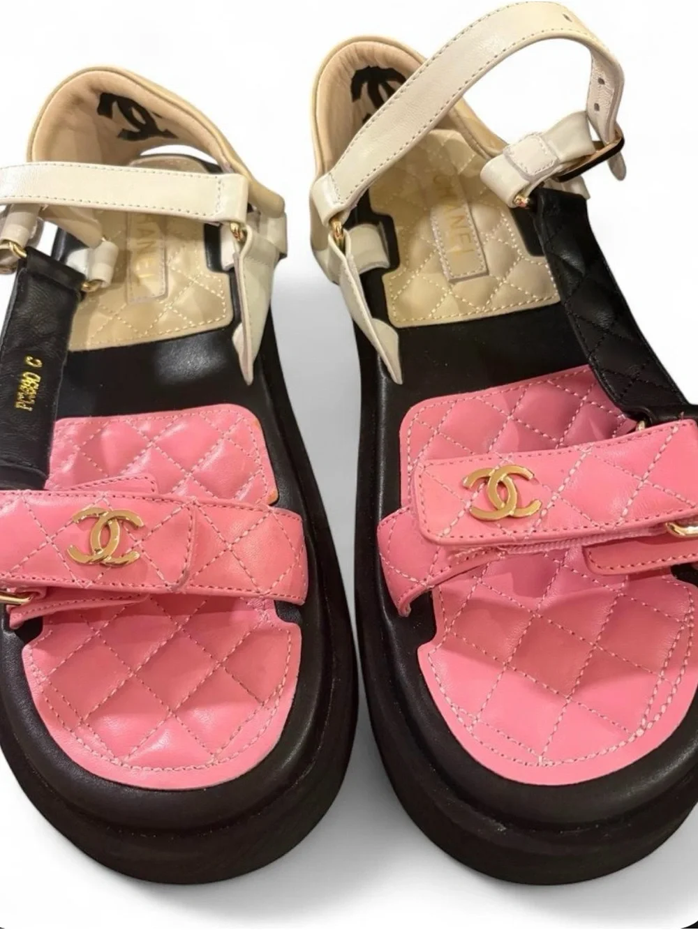 CHANEL Pink Quilted Footbed with Cream Straps Sandals